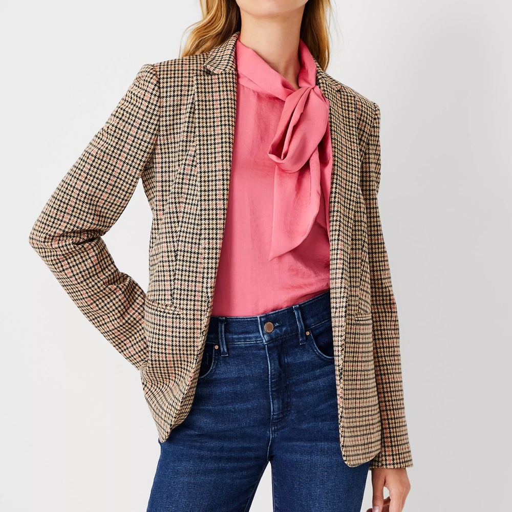 Ann Taylor The Hutton Blazer In Check Houndstooth Modern Neutral Beige Size 10 - Picture 1 of 11